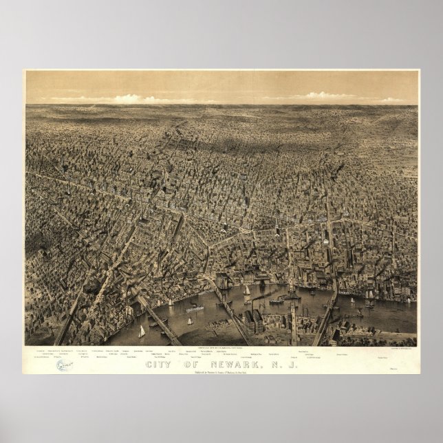 Pôster Newark 1874, NJ Birds Eye Ver Mapa Panorâmico (Frente)