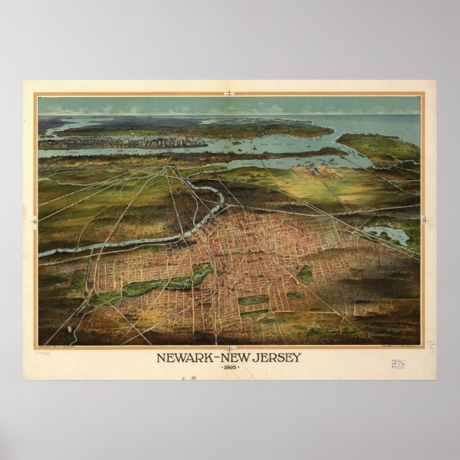 Poster Newark 1916, NJ Birds Eye Ver Mapa Panorâmico (Frente)