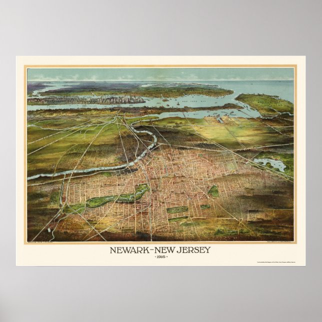 Poster Newark, Mapa Panorâmico do NJ - 1916 (Frente)