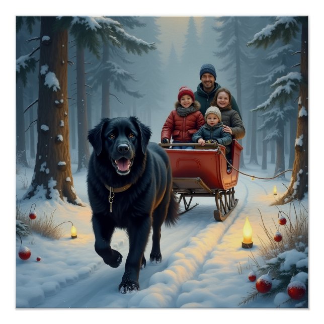 Pôster Newfoundland Dog Snowy Sleigh Ride Christmas (Frente)