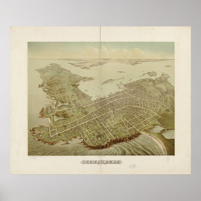 Poster Newport 1878, RI Birds Eye Ver Mapa Panorâmico (Frente)