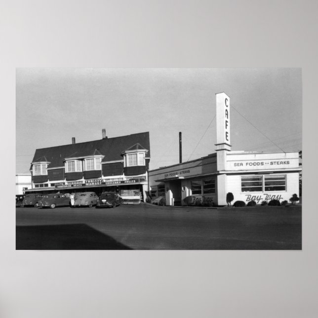 Poster Newport, Oregon View of Bay Way Caf � Fotografia (Frente)