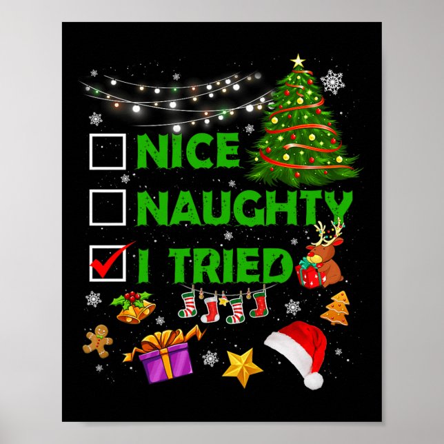 Poster Nice Naughty I Tried Christmas Tree Light Funny Xm (Frente)