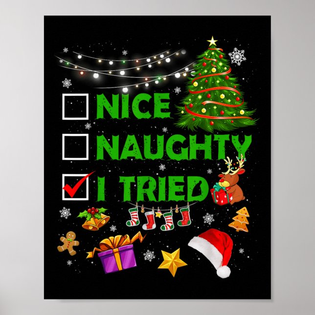 Poster Nice Naughty I Tried Christmas Tree Light Funny Xm (Frente)