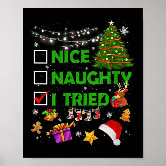 Poster Nice Naughty I Tried Christmas Tree Light Funny Xm (Frente)