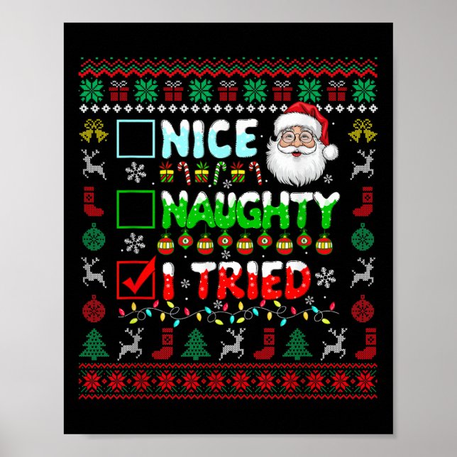 Poster Nice Naughty I Tried Funny List Santa Face Christm (Frente)