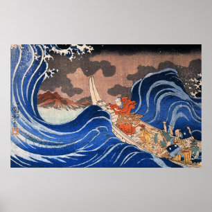 Pôster Nichiren calms a storm in Kakuda, Kuniyoshi