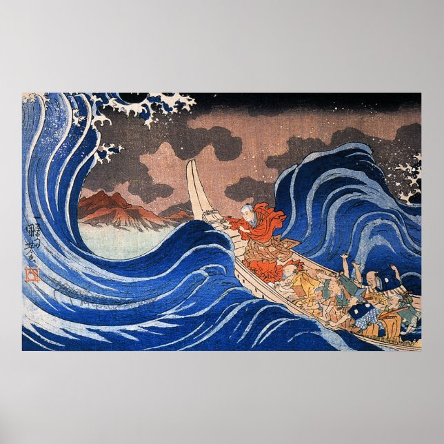 Pôster Nichiren calms a storm in Kakuda, Kuniyoshi (Frente)