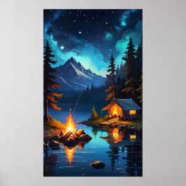 Poster Night Campfire and Mountain View