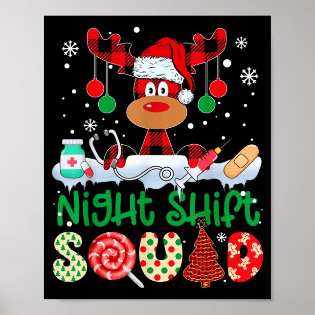 Poster Night Shift Squad Nurse Reindeer Buffalo Red Plaid (Frente)