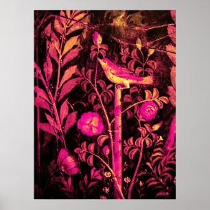Pôster NIGHTINGALE WITH ROSES, Pink Fuchsia Black Yellow