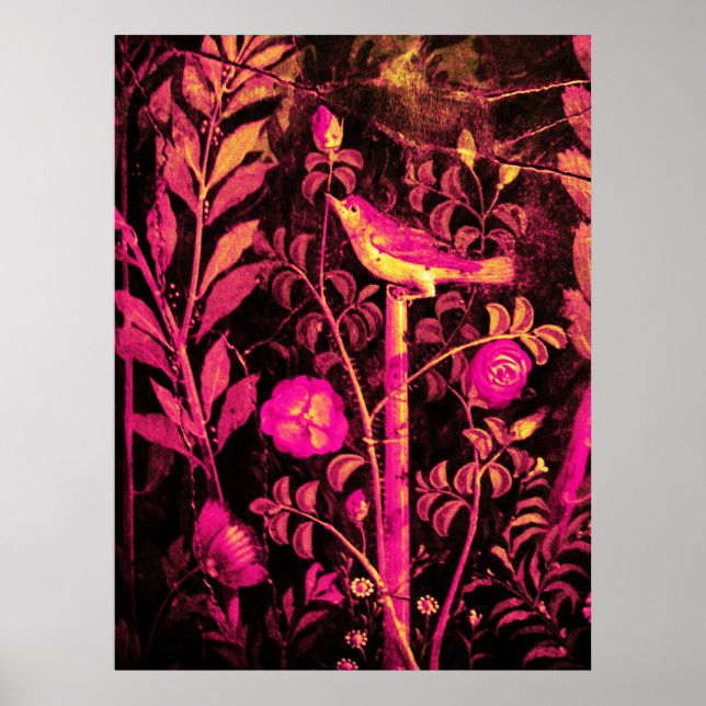 Pôster NIGHTINGALE WITH ROSES, Pink Fuchsia Black Yellow (Frente)