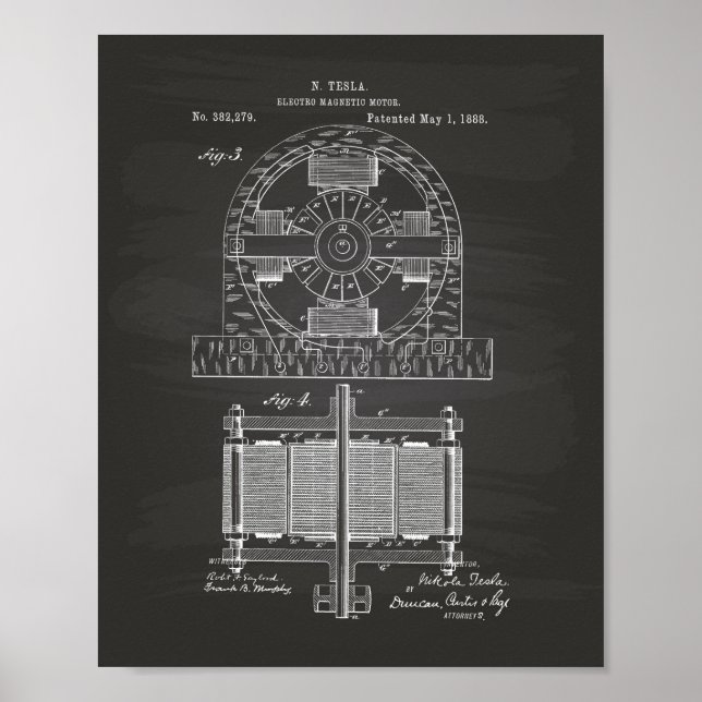 Pôster Nikola Tesla 1888 Patent Art - Chalkboard (Frente)