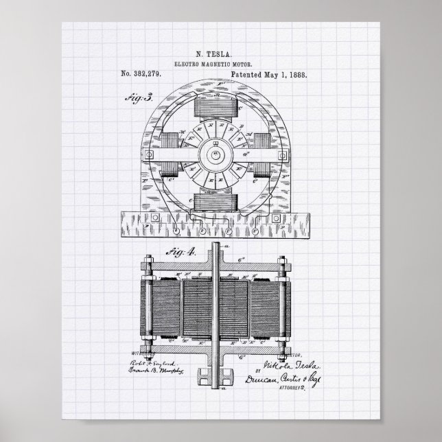 Pôster Nikola Tesla 1888 Patent Art - Lined Peper (Frente)