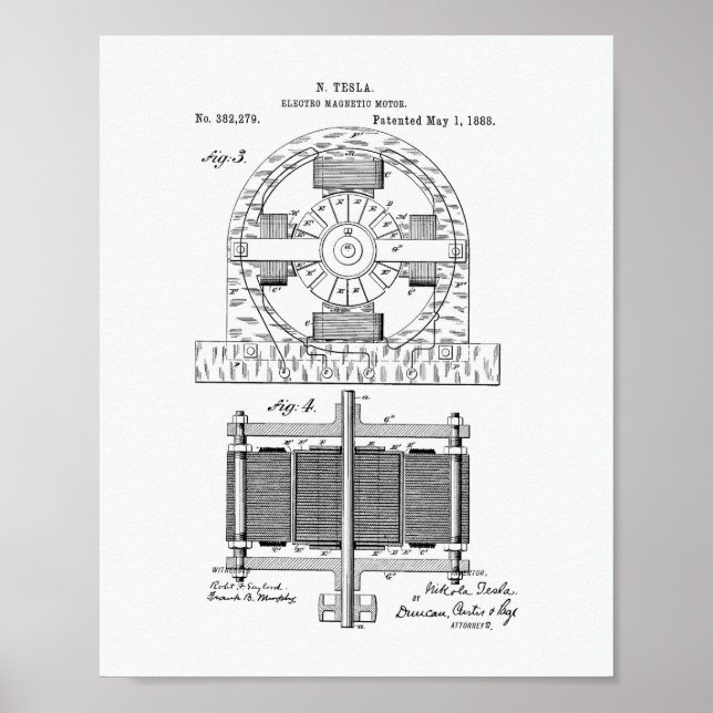 Pôster Nikola Tesla 1888 Patent Art - Livro Branco (Frente)