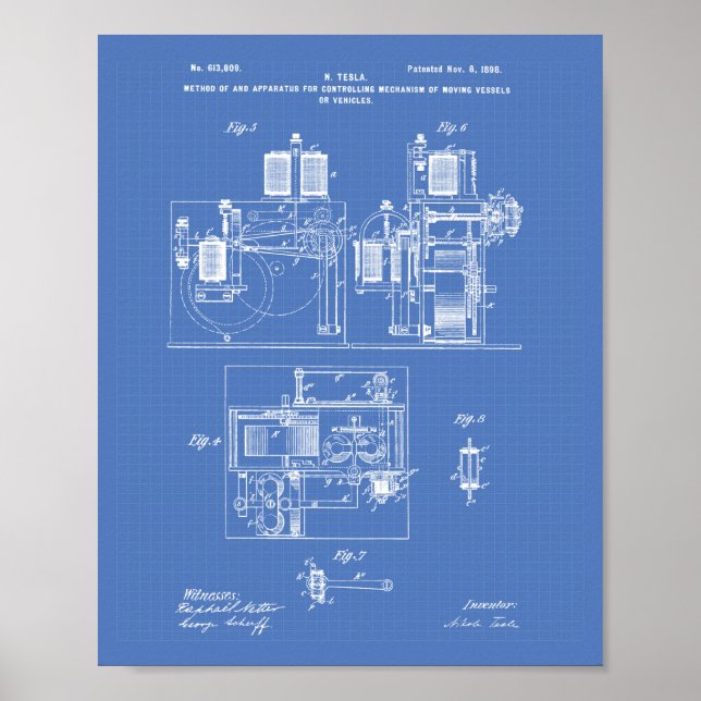 Poster Nikola Tesla 1898 Patent Art - Blueprint (Frente)