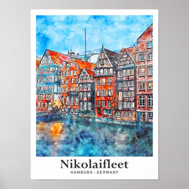 Poster NikolaifleHamburg Alemanha Viagem Watercolor (Frente)