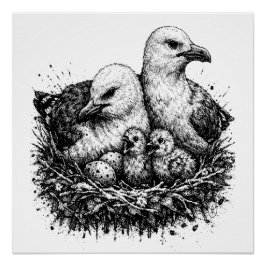 Pôster Ninho da Família de Pássaros – Ilustração de Tinta