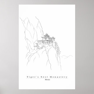 Poster Ninho do Tigre Butão Minimalista Arte Linha Paro T