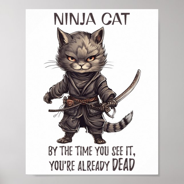 Poster Ninja Cat, japonês Samurai Kawaii Cat Tattoo Funn (Frente)