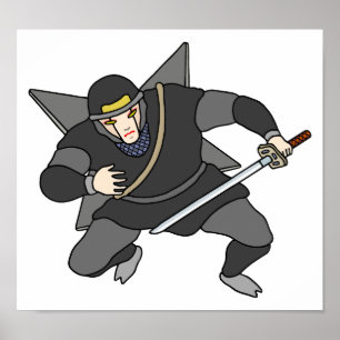 Poster Ninja cibernético carregando shuriken nas costas.