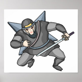 Poster Ninja cibernético carregando shuriken nas costas.