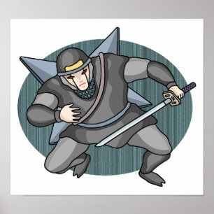 Poster Ninja cibernético carregando shuriken nas costas.
