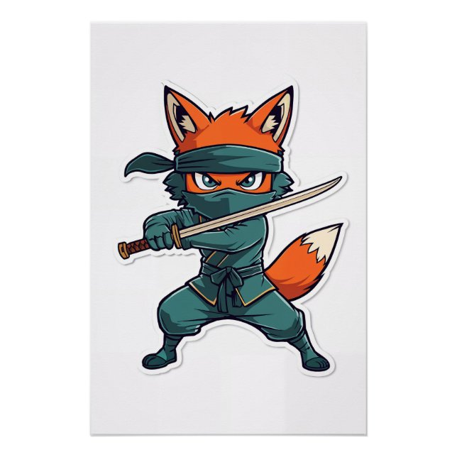 Pôster Ninja Fox Poster – Cute Fox Kids Wall Art (Frente)