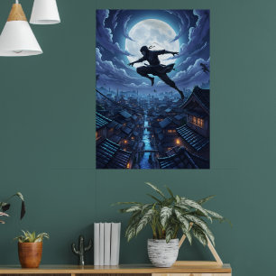 Poster Ninja saltando entre telhados sob a luz do luar