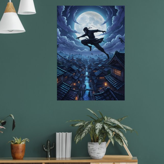 Poster Ninja saltando entre telhados sob a luz do luar (Sala de Estar 1)