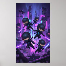 Poster Ninja segurando espada brilhante na cidade futuris