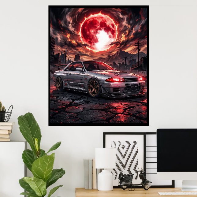 Poster Nissan Skyline R32 Sob a Lua Carmesim (Escritório em casa)