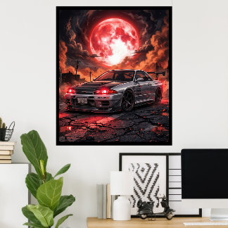 Poster Nissan Skyline R32 Sob a Lua Carmesim