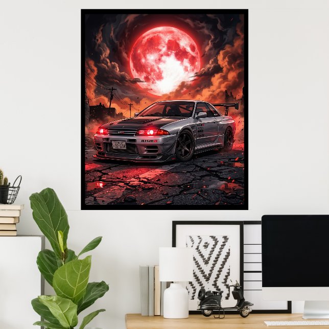 Poster Nissan Skyline R32 Sob a Lua Carmesim (Escritório em casa)