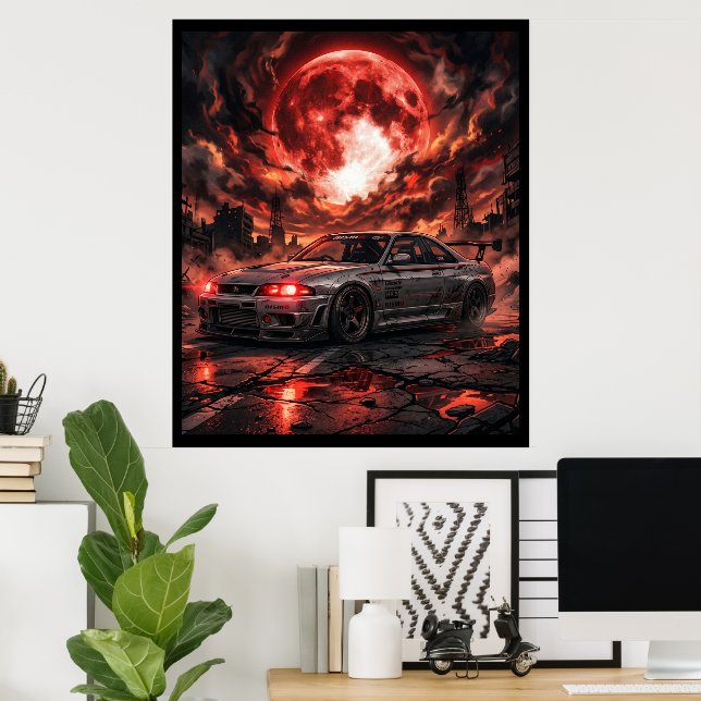 Poster Nissan Skyline R33 Sob a Lua Carmesim (Escritório em casa)