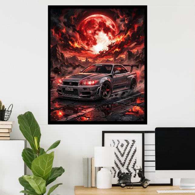 Poster Nissan Skyline R34 Sob uma Lua Carmesim (Escritório em casa)