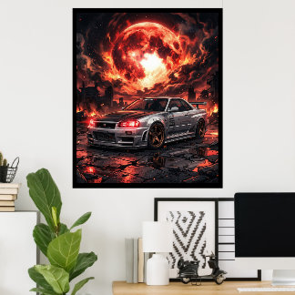 Poster Nissan Skyline R34 Sob uma Lua Carmesim