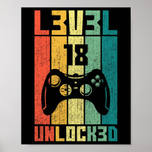 Poster Nível 18 Desbloqueado Gamer de Vídeo Vintage Anive