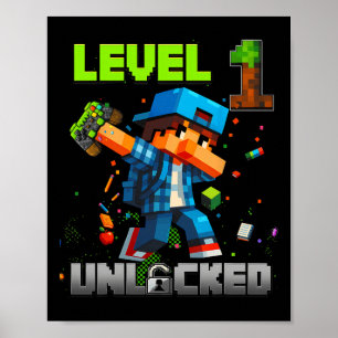 Poster Nível 1 Desbloqueado Divertido Menino de Aniversár