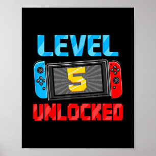 Poster Nível 5 Desbloqueado Jogador Presente de 5º Aniver