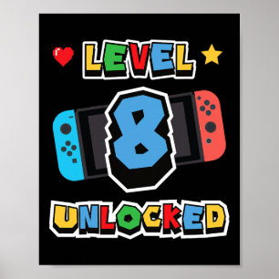Poster Nível 8 Desbloqueado Aniversário de 8 anos Jogo de