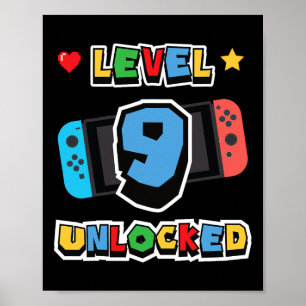Poster Nível 9 Desbloqueado Aniversário de 9 anos Jogo de
