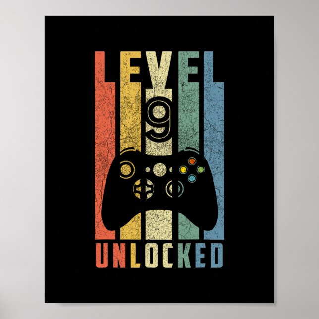 Poster Nível 9 Desbloqueado Presente de Aniversário de 9º (Frente)