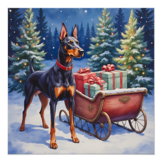Pôster Noble Doberman Guarding Christmas Sleigh Winter (Frente)