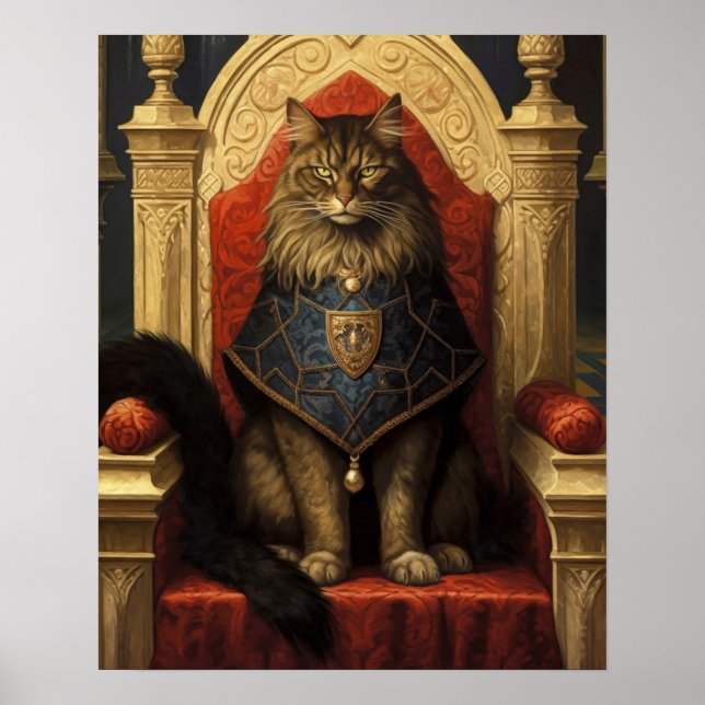 Poster Nobre Estampa de Arte do Trono do Gato Maine Coon (Frente)