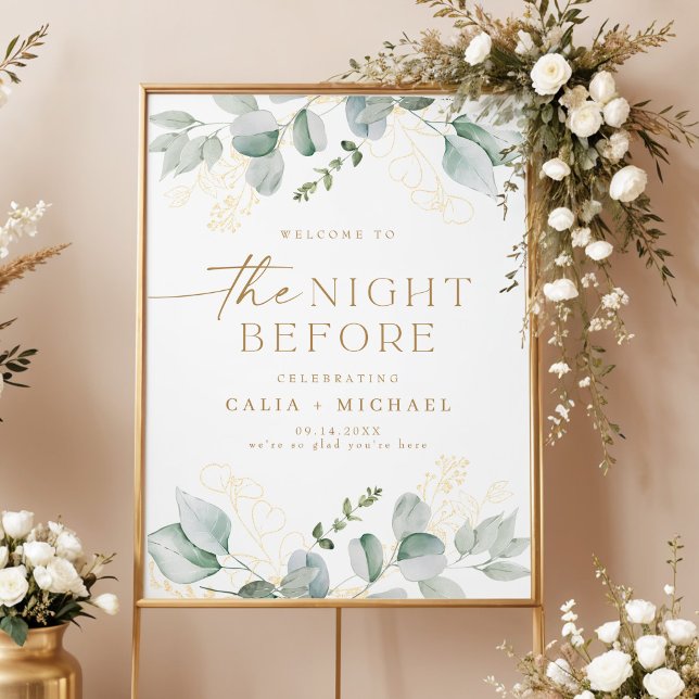 Poster Noite Antes do Ensaio Bem-Vindo com Verde e Dourad (Elegant Greenery and Gold The Night Before Rehearsal Dinner Welcome Sign)