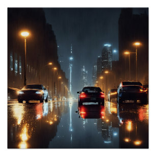 Pôster Noite chuvosa. Poster de paisagem urbana