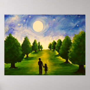 Poster Noite da lua moderna com árvores caminhando com Pa