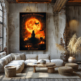 Poster Noite das Bruxas com Lua Cheia, Velas e Morcegos