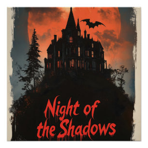Pôster Noite das Sombras - Design da Casa Assombrada Retr